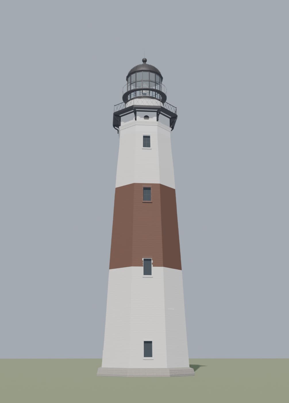 West elevation bench — render-calibrated daymark band on the fixed instrument